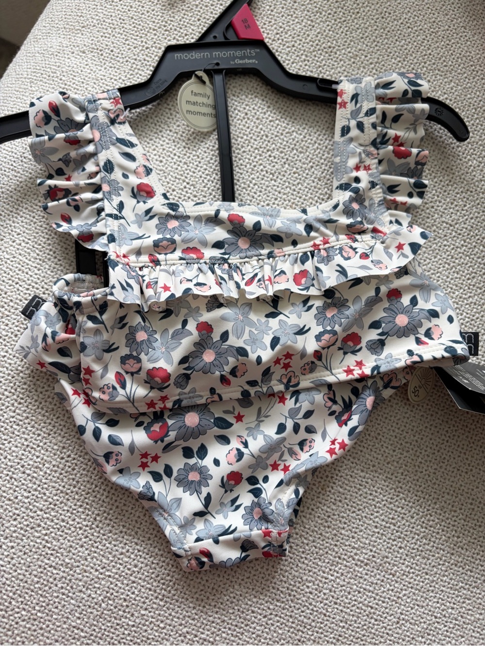 Set of two toddler Cream Floral Ruffle One-Piece Swimsuit with Pink and Blue